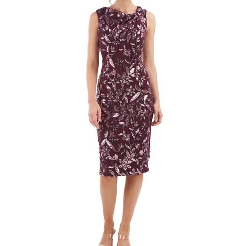 JS Collections Sequin Floral Sheath Dress Burgundy Metallic, Sleeveless, Size 16